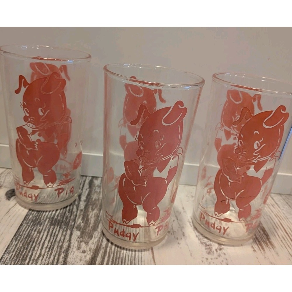 5.5 Inch Glass Tumbler Mid Century Pudgy Pig Pink Retro 12 oz Set Of 3 Whimsical